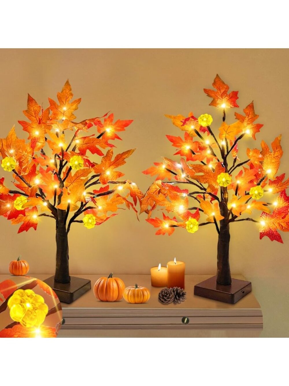 2 Pack 18" Prelit Fall Maple Trees - Thanksgiving Decor with 48 LEDs